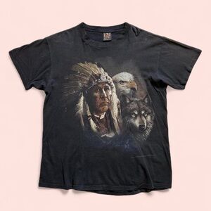 Vintage 1990s Black 3D Graphic T-Shirt with Native American Design Biker Harley